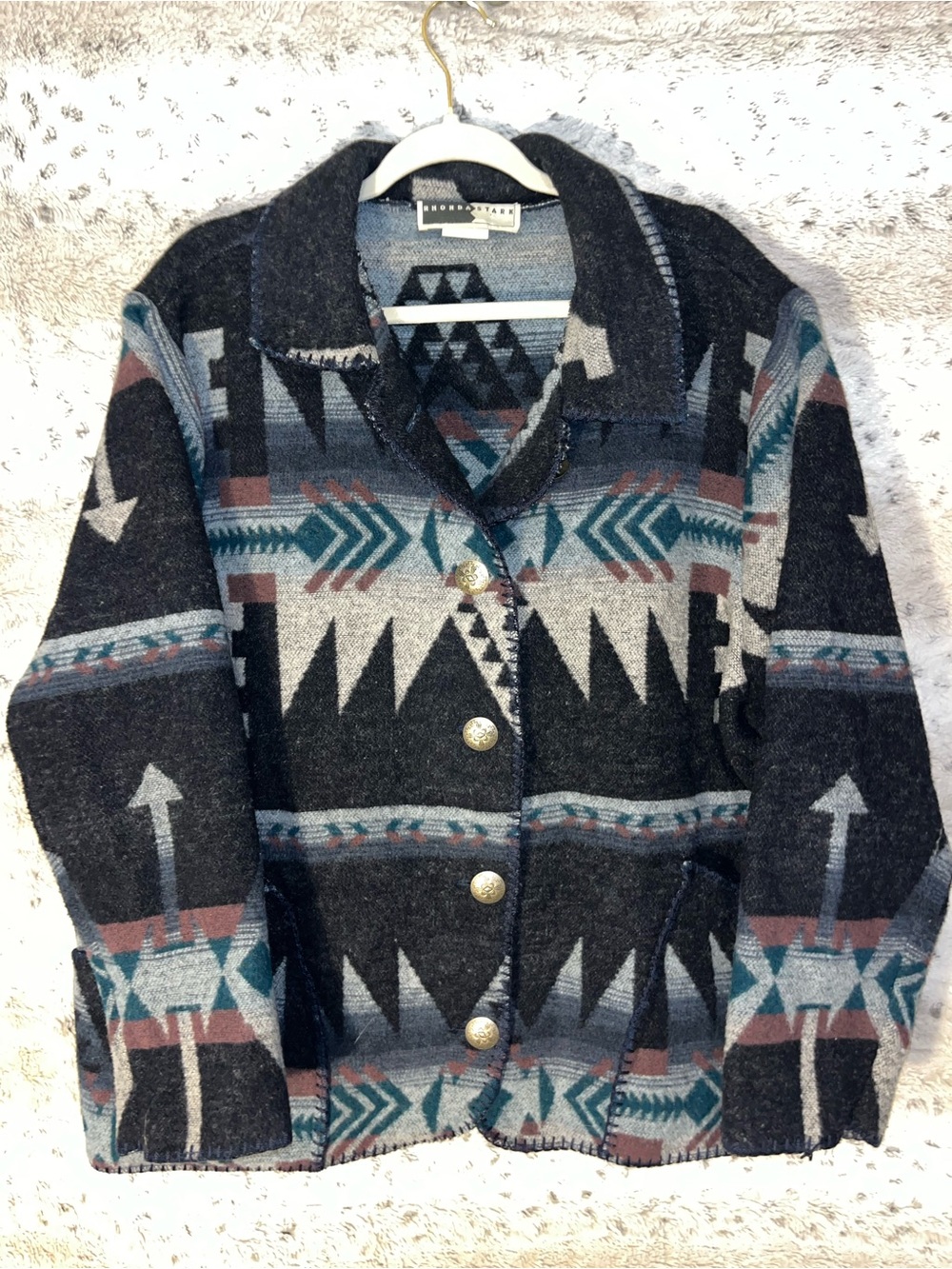 Vintage Rhonda Stark Southwestern Aztec Blanket Jacket Size XL Made in USA